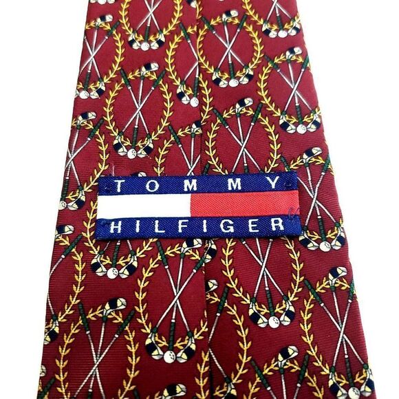 Tommy Hilfiger Red‎ Yellow Golf Print Wide Italian Silk Tie - Picture 3 of 7